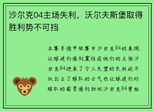 沙尔克04主场失利，沃尔夫斯堡取得胜利势不可挡